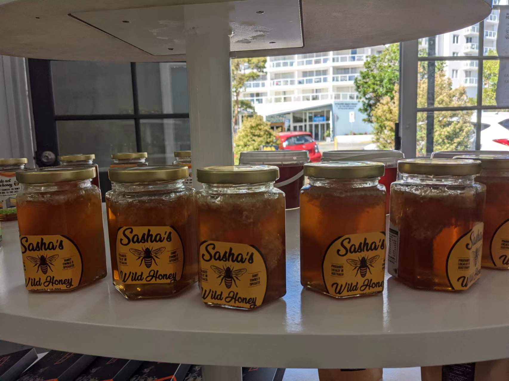 Shelf with honey jars